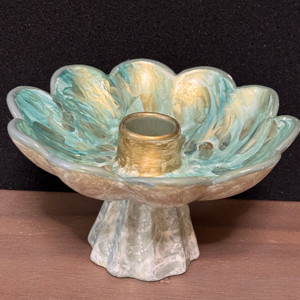 Vintage USA Ceramic Scalloped Taper Candle Holder Teal Gold Marbled Flower